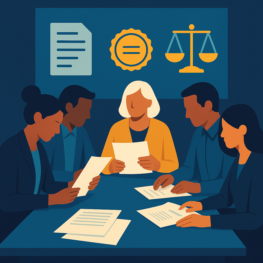 Personas revisando documentos y un panel abstracto con iconos de normas y documentos